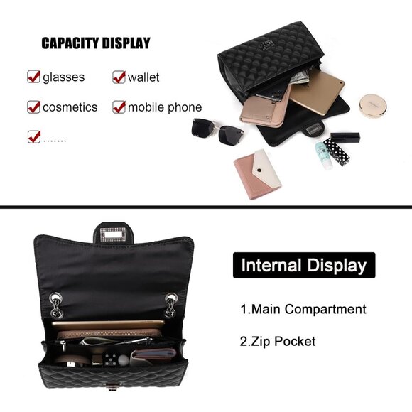 Women Black PU Quilted Stylish Crossbody Bags with Chain Strap & Flap Closure - Picture 5 of 7